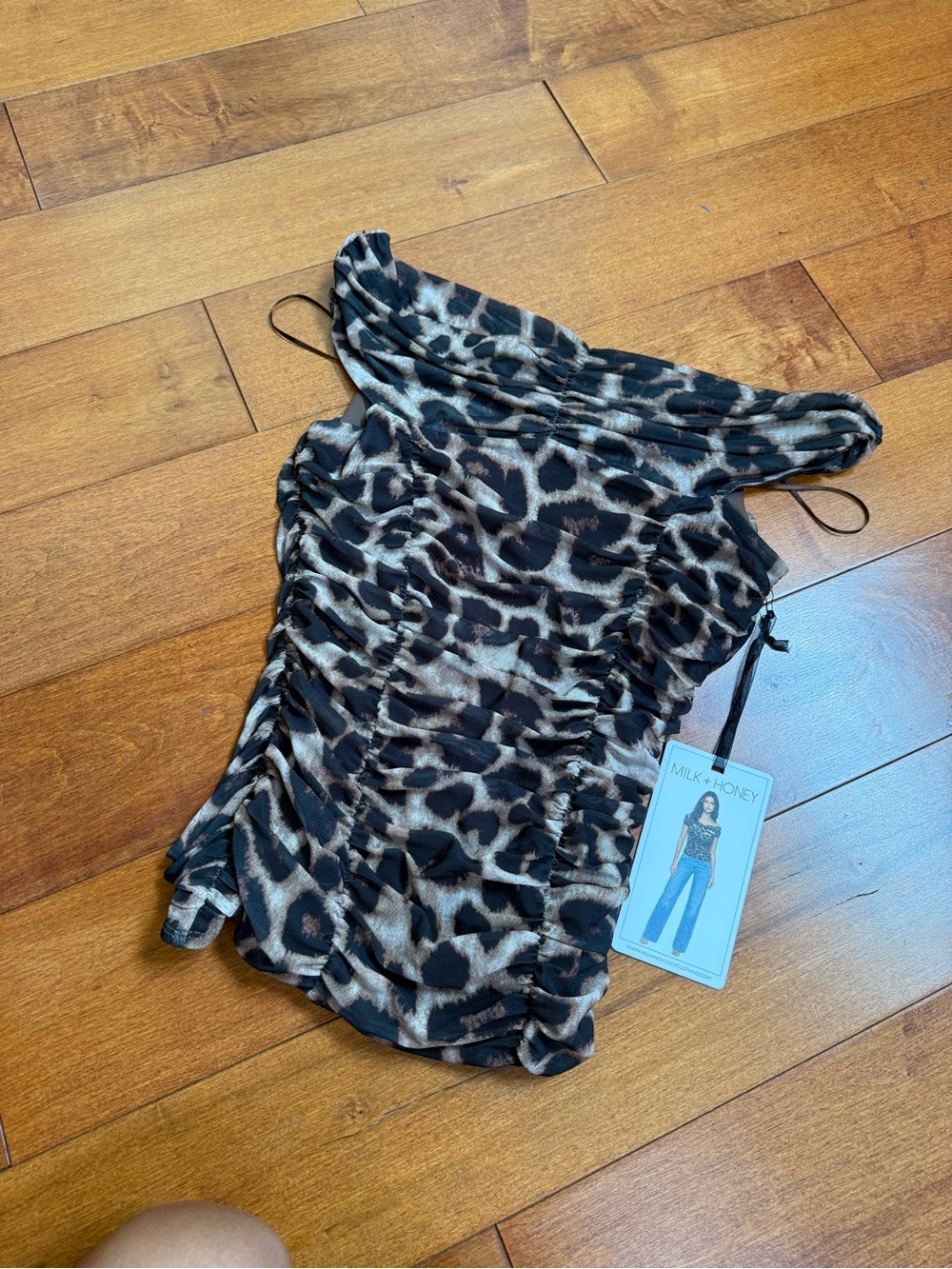 NWT Milk + Honey One-Shoulder Leopard Ruched Blouse in Brown/Black sz S